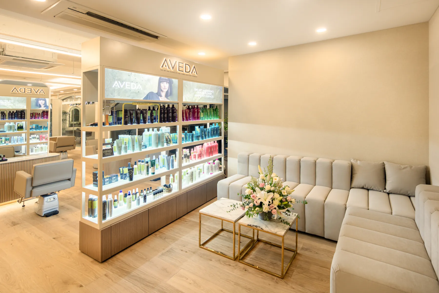 AVEDA product display and the waiting sofa · RARIEN Gangnam